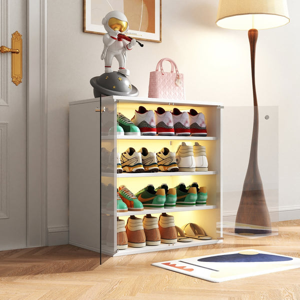 English Elm Shoe Display Case with RGB LED Remote, Tempered Glass Stackable Organizer for Sneakers Showcase White W331P242611