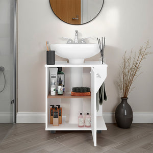 English Elm White Under Sink Storage Cabinet with Oak Accent, Two Shelves for Compact Stylish Bathroom Organization and Durability B062P380957