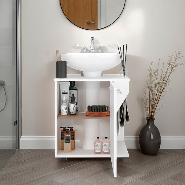 English Elm White Under Sink Storage Cabinet with Oak Accent, Two Shelves for Compact Stylish Bathroom Organization and Durability B062P380957