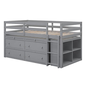 English Elm Twin Loft Bed Pinewood Frame Four Drawers Retractable Study Desk Kids Bedroom Gray LT000368AAE