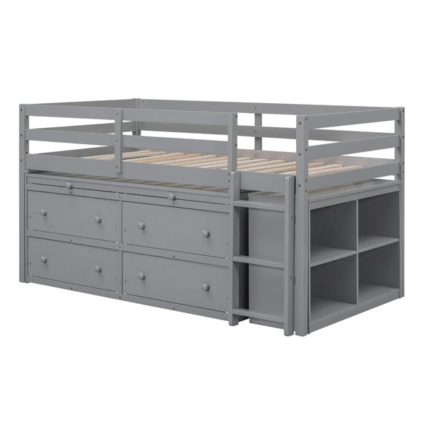 English Elm Twin Loft Bed Pinewood Frame Four Drawers Retractable Study Desk Kids Bedroom Gray LT000368AAE