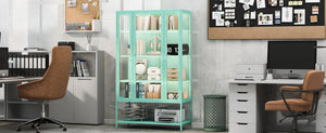 English Elm 67.25'' Tall Steel Curio Cabinet with Led Lighting and Tempered Glass Panels Cyan SN845P263995T