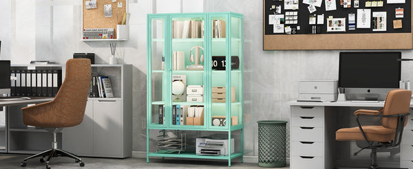 English Elm 67.25'' Tall Steel Curio Cabinet with Led Lighting and Tempered Glass Panels Cyan SN845P263995T