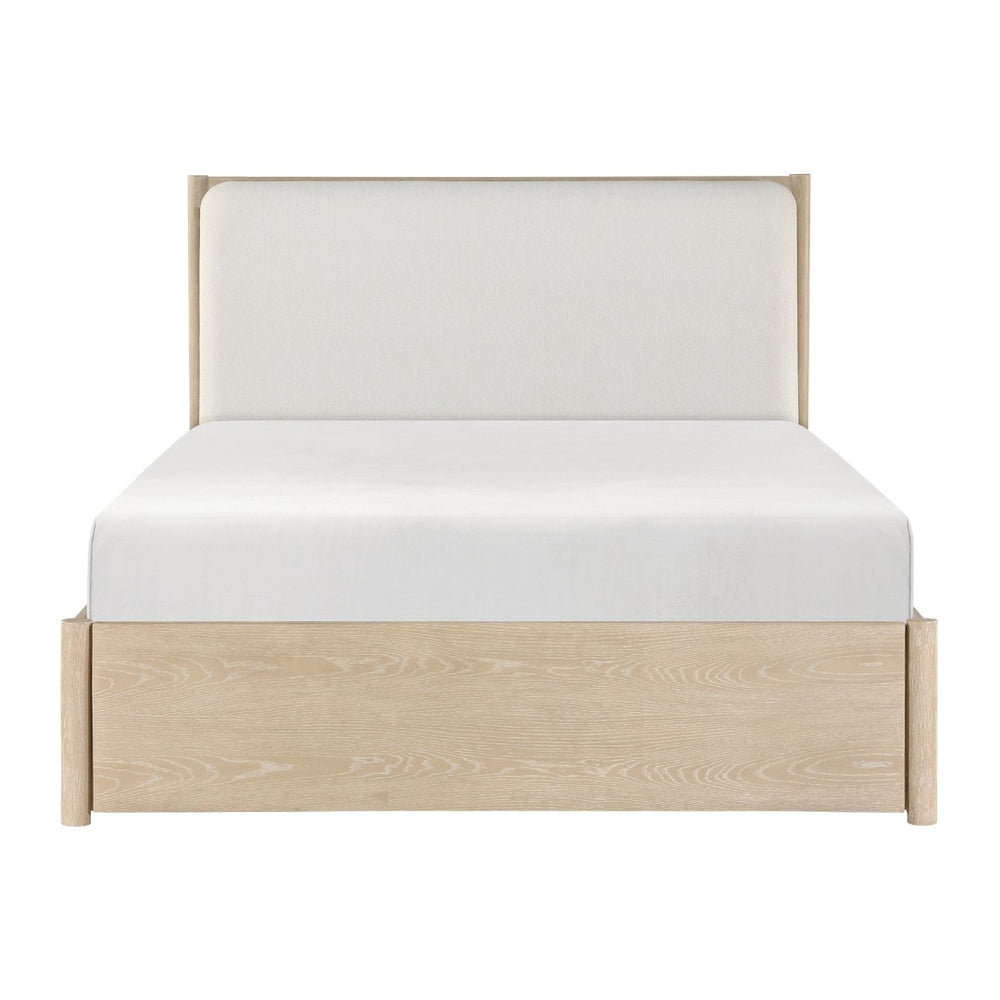 English Elm California King Upholstered Platform Bed Oak Veneer Frame with Usb Ports and Storage B011S02354