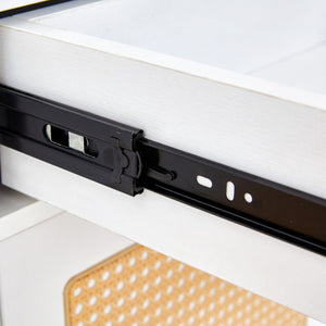 English Elm Modern white storage cabinet with vine rattan design, MDF shoe & bedside organizer, quick assembly, sleek decor W1151P151509