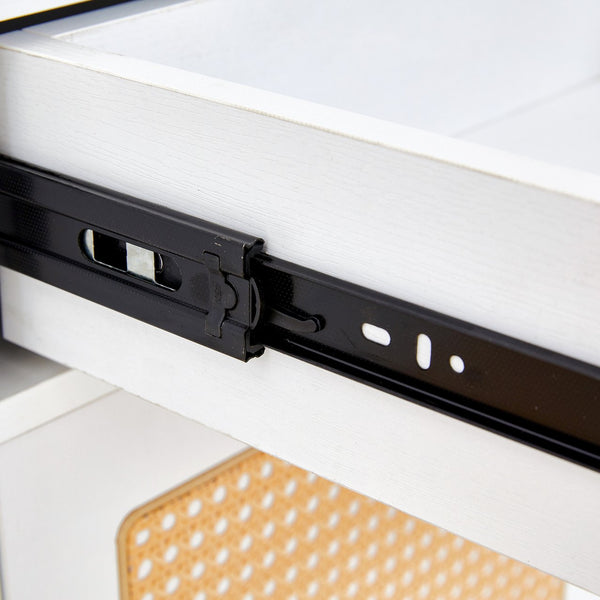 English Elm Modern white storage cabinet with vine rattan design, MDF shoe & bedside organizer, quick assembly, sleek decor W1151P151509