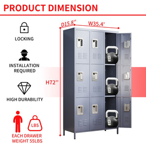 English Elm 9 Compartment Steel Locker Tower Powder Coated Gray for Gym Office or Bedroom T2398P251437