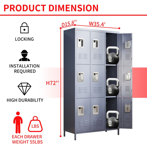 English Elm 9 Compartment Steel Locker Tower Powder Coated Gray for Gym Office or Bedroom T2398P251437