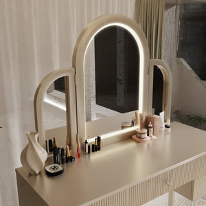 English Elm AGODY Mirrored Vanity with LED Light and Solid Rubber Wood Frame, Skin-Friendly PU Seat for Bedroom Champagne W2170P208424