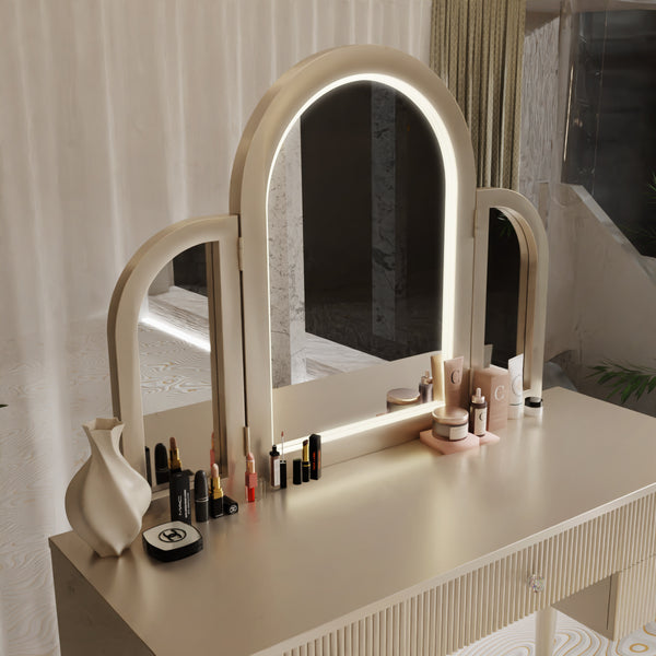 English Elm AGODY Mirrored Vanity with LED Light and Solid Rubber Wood Frame, Skin-Friendly PU Seat for Bedroom Champagne W2170P208424