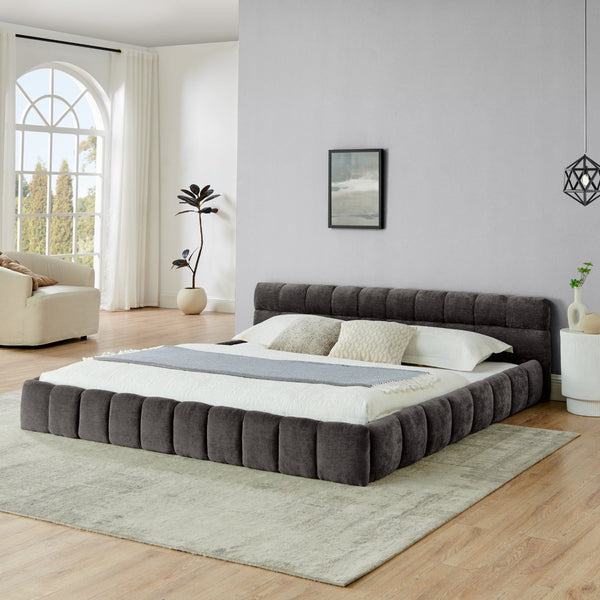 English Elm King Platform Bed Fully Upholstered in Plush Chenille with Low Profile Modern Frame Dark Gray W487S00467