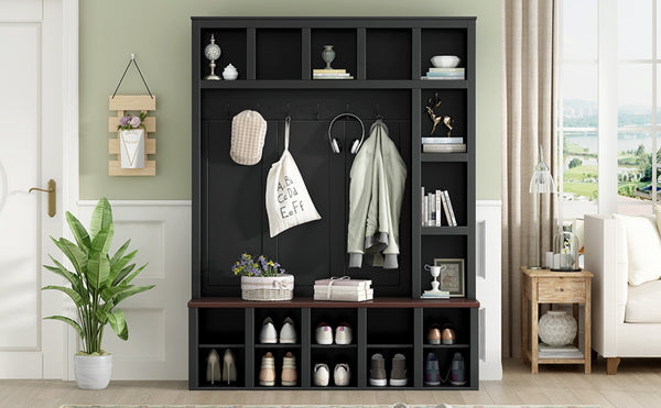 English Elm On-Trend Farmhouse Hall Tree With 6 Hooks & Storage Bench – 4-In-1 Entryway Organizer In Walnut & Black N721S000044B-GIGA