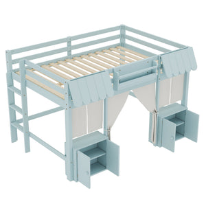 English Elm Full Loft Bed With Playful Cottage Design, Built-In Bookshelf, Curtain & Safety Guardrails For Kids W1580S00360
