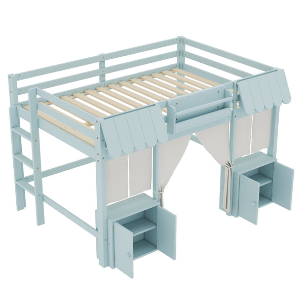 English Elm Full Loft Bed With Playful Cottage Design, Built-In Bookshelf, Curtain & Safety Guardrails For Kids W1580S00360