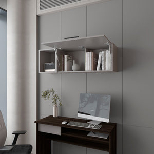 English Elm Cutter Wall Cabinet Melamine Smoke with Pneumatic Arms, Fold-Down Door & Open Display Storage B128P237137