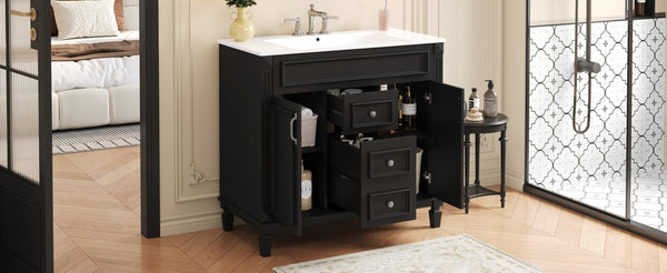 English Elm 36'' Modern Bathroom Vanity With Black Ceramic Top, Soft Closing Doors & Drawers For Stylish Storage N710P230231B