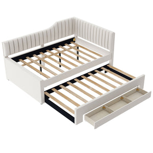 English Elm Full Upholstered Daybed with Trundle and Three Drawers, Linen-Blend Fabric, Space-Saving Guest Bed, Storage-Friendly Design Beige DL002058AAA