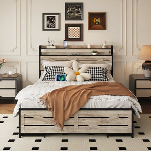 English Elm Queen-size Storage Platform Bed with Led Headboard 12 Drawers and Charging Station Gray W5026P404143