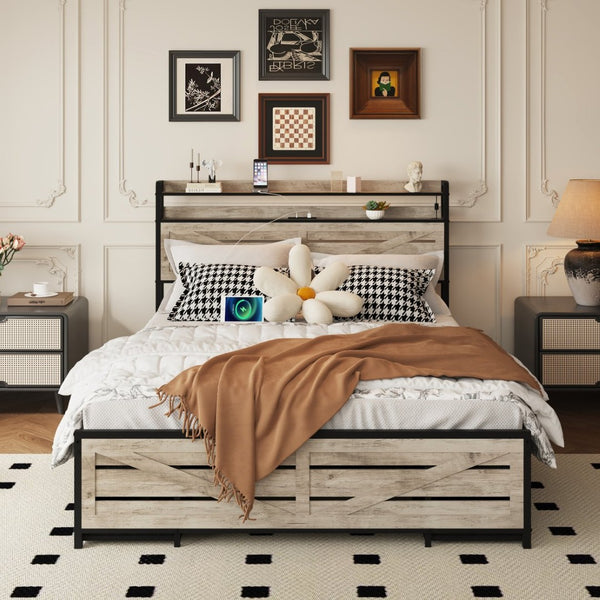 English Elm Queen-size Storage Platform Bed with Led Headboard 12 Drawers and Charging Station Gray W5026P404143