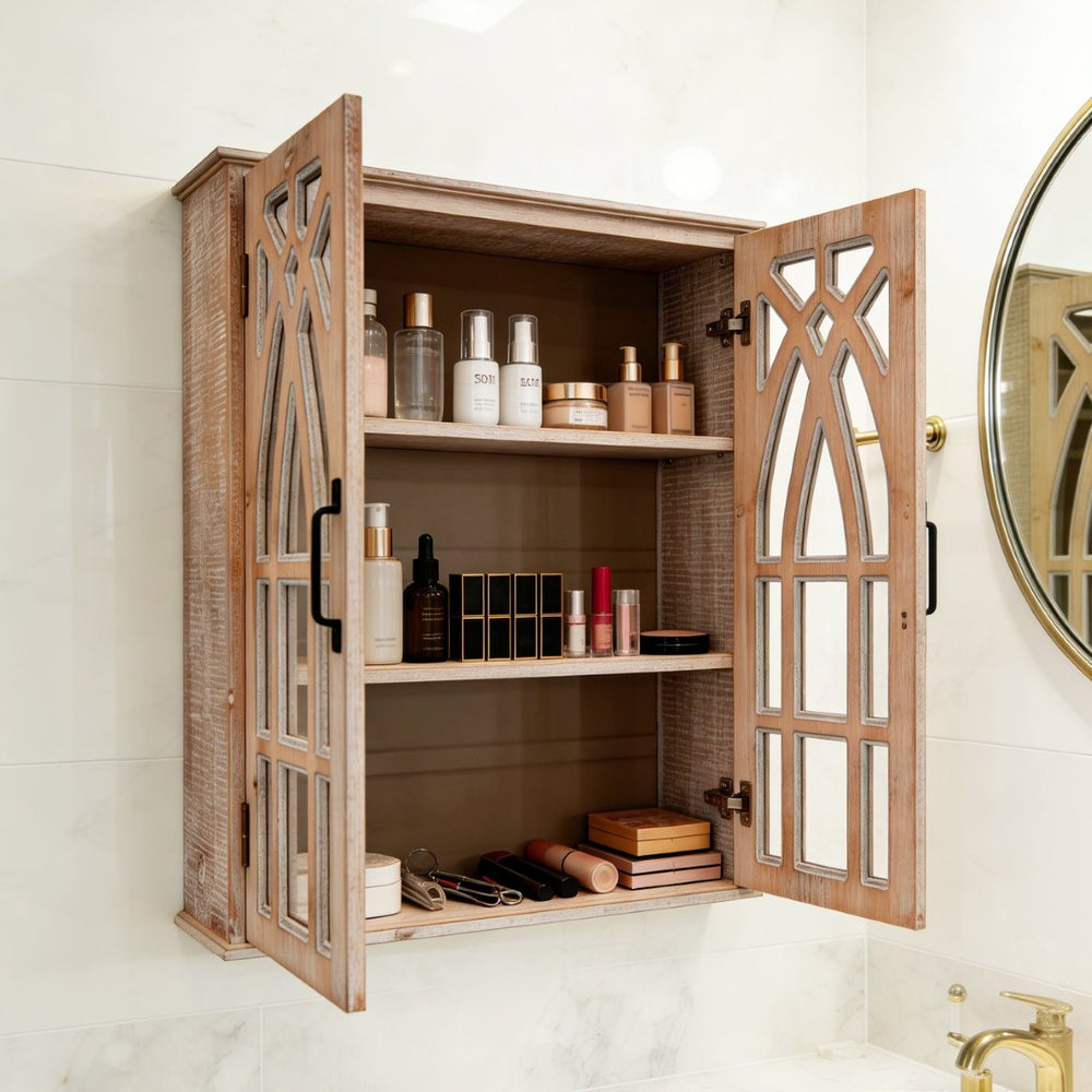 English Elm Vintage Farmhouse Wall Cabinet Carved Fretwork Doors Rustic Wood Bathroom Storage Natural & Light Brown W2295P457168
