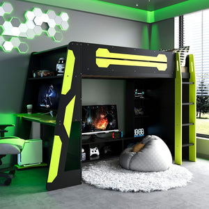 English Elm Twin Gaming Loft Bed with Desk Rgb Lighting and Multi-tier Shelves for Teen Rooms Green LT000160AAG