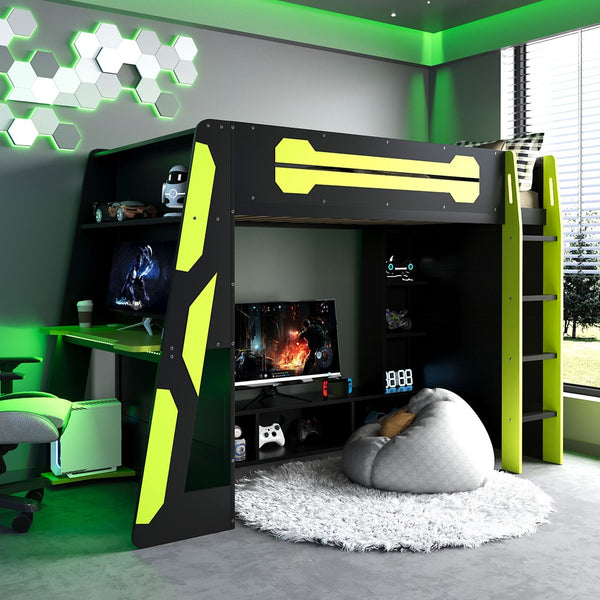 English Elm Twin Gaming Loft Bed with Desk Rgb Lighting and Multi-tier Shelves for Teen Rooms Green LT000160AAG