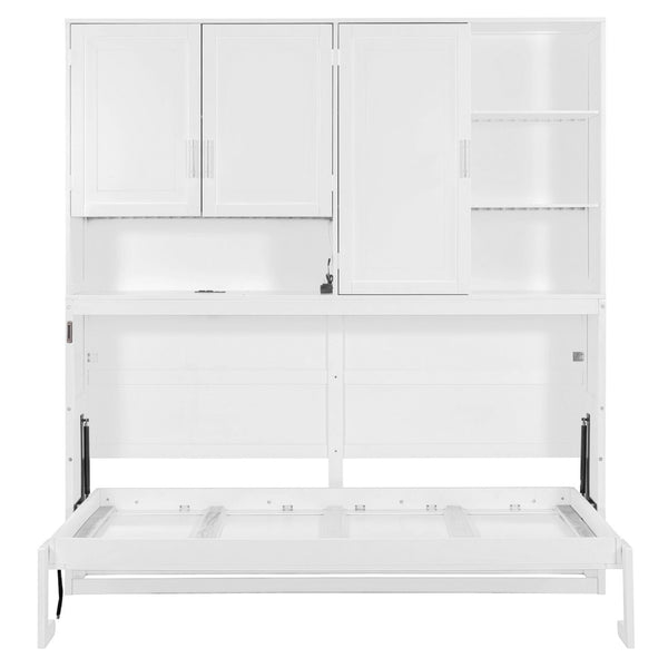 English Elm Twin Murphy Bed with Cabinet Shelves Built in Lighting Usb Ports Space Saving Wall Unit White LP000389AAK-1
