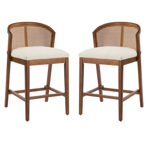 English Elm Christopher Knight Home® - Tatti Plush Padded Counter Stool Set of 2 with Rattan-Accented Curved Back and Wood Frame, Cozy Beige,Walnut N775P271407W
