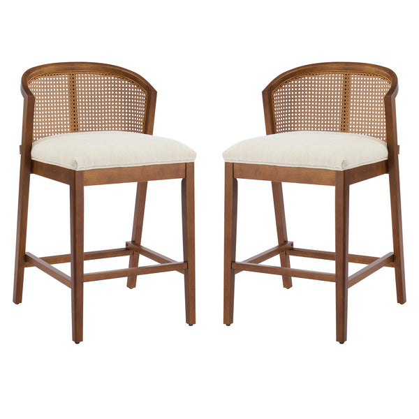 English Elm Christopher Knight Home® - Tatti Plush Padded Counter Stool Set of 2 with Rattan-Accented Curved Back and Wood Frame, Cozy Beige,Walnut N775P271407W