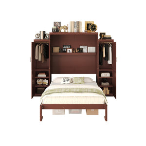 English Elm Queen Murphy Wall Bed Walnut Wooden Frame Dual Wardrobes Foldable Guest Room Storage N733S235627D