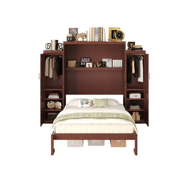 English Elm Queen Murphy Wall Bed Walnut Wooden Frame Dual Wardrobes Foldable Guest Room Storage N733S235627D