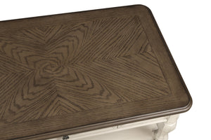 English Elm Two Toned Cocktail Table with Storage Drawer & Shelf, Ancient White Oak Veneer, Traditional Charm B2699P235331