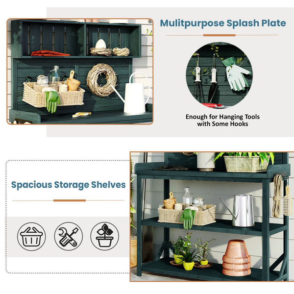 English Elm TOPMAX 65" Wooden Potting Bench with Splash Plate & Hook, 4 Storage Shelves, Fir Wood Patio Workstation N717P221495F