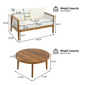 English Elm Outdoor Acacia Wood Loveseat Set with Rope Woven Panels and Matching Coffee Table Beige,Teak N768P408131T