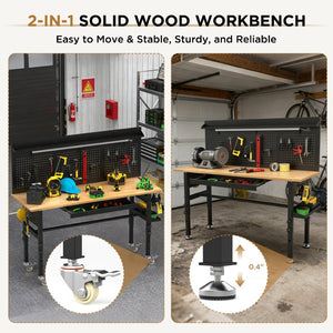 English Elm 60″ 60" Heavy Duty Garage Workbench Solid Wood Top Steel Frame with Led Light and Power Strip W3190P401362