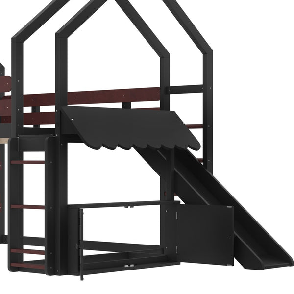 English Elm Full Size Pine Loft Bed House Frame with Slide Bookshelves and Moon Star Rails W1580S00314