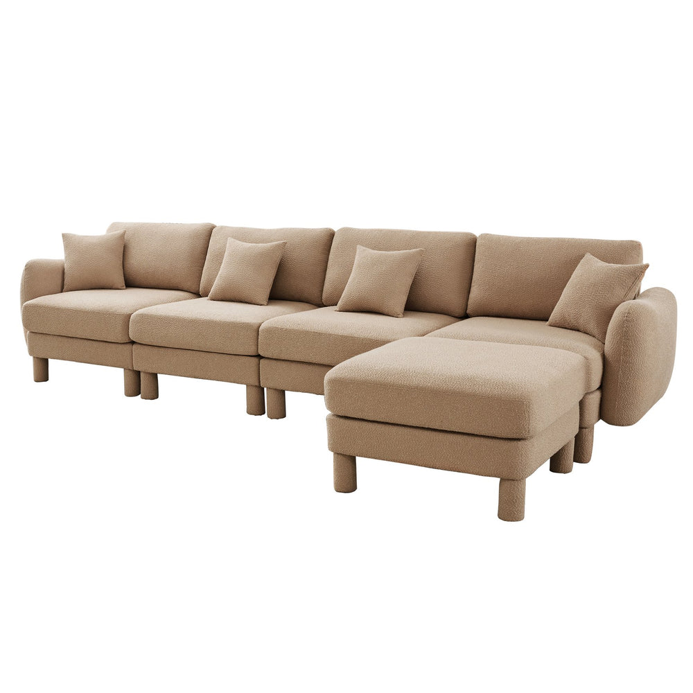 English Elm Boucle 4-Seater Convertible L-Shape Sectional Sofa With Shell-Shaped Armrests & Removable Ottoman W3041S00288