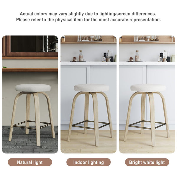 English Elm Swivel Backless Counter Stools Set of 2 with Fabric Seat Bentwood Legs Mid-century Modern Beige W3107P446979
