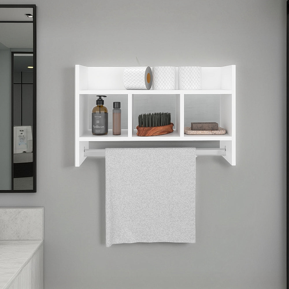 English Elm White Bath Shelf with Towel Bar and Open Storage Shelves for Towels Toiletries and Decor, Durable Melamine Finish B062P380958