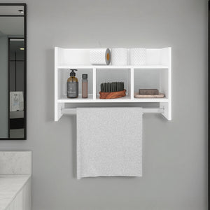 English Elm White Bath Shelf with Towel Bar and Open Storage Shelves for Towels Toiletries and Decor, Durable Melamine Finish B062P380958