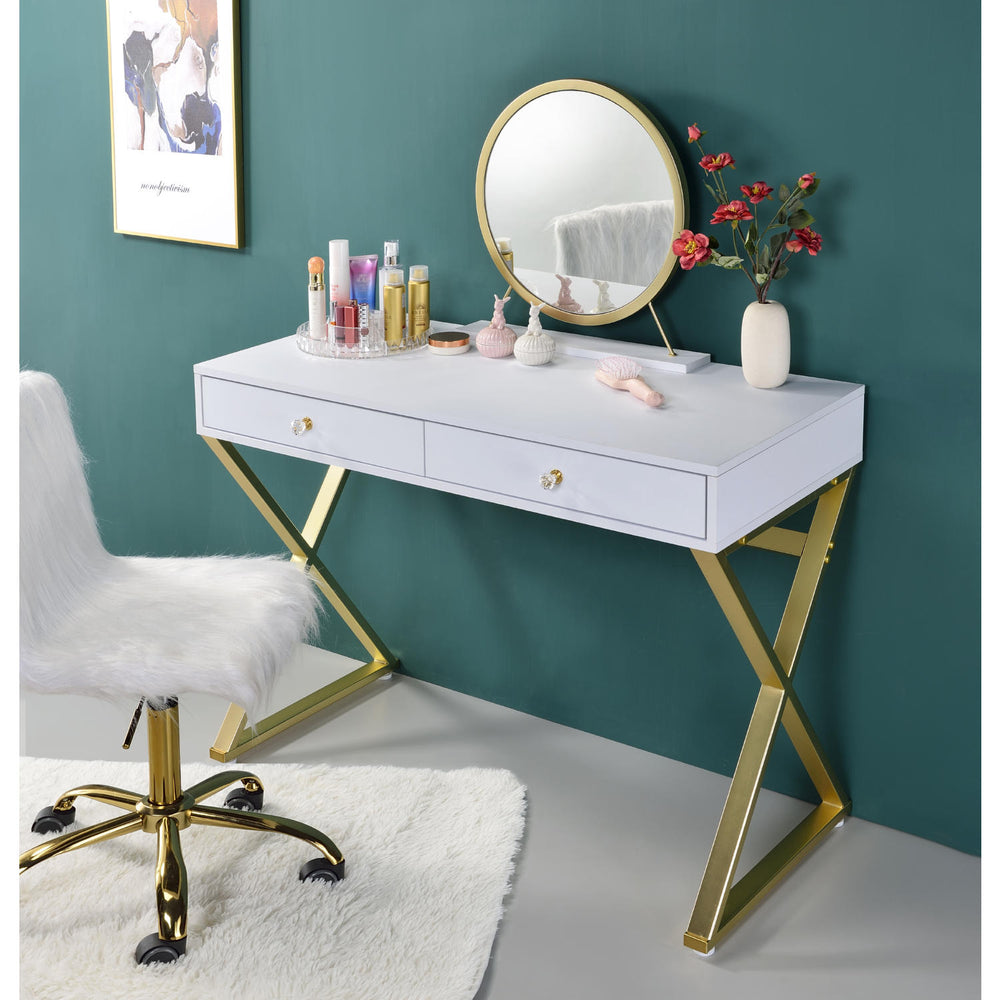 English Elm Rectangular Modern Vanity Desk with Mirror, 2 Drawers & Jewelry Tray — White Gold Accent, Spacious Storage B016P317482