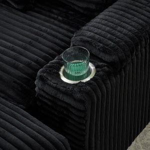 English Elm Black corduroy single sofa with ottoman storage, built-in armrest compartments, removable pillows, modern cozy design W1658S00135