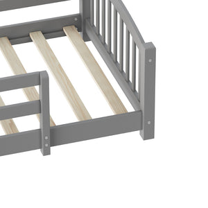 English Elm Twin Montessori Floor Bed Solid Pine Frame with Safety Guardrails for Kids Bedroom Gray N733P400298E