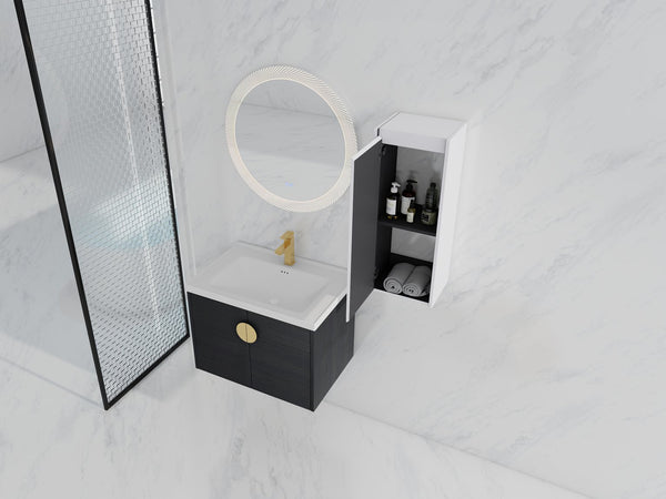 English Elm 28" Wall-Mounted Bathroom Vanity With Ceramic Sink & Side Cabinet – Space-Saving, Soft-Close Doors! W999S00327