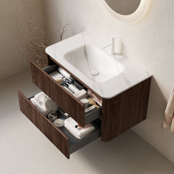 English Elm NOOR Floating 36" Bathroom Vanity with Seamless Hot-Press Sintered Stone Basin, Retro Walnut Finish W2615P345717