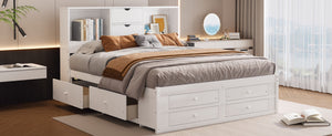English Elm King Platform Bed with 8 Drawers Open Headboard Compartments and Pine Wood Frame White GX000454AAK-1
