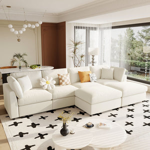 English Elm U_style Six Seat Chenille U Shaped Sectional Modular Sofa with Movable Ottomans Beige WY000474AAA