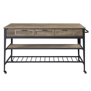 English Elm Macaria Rustic Oak Kitchen Island with Black Metal Base, 3 Drawers, 2-Tier Shelves & Wheels B2726P292333
