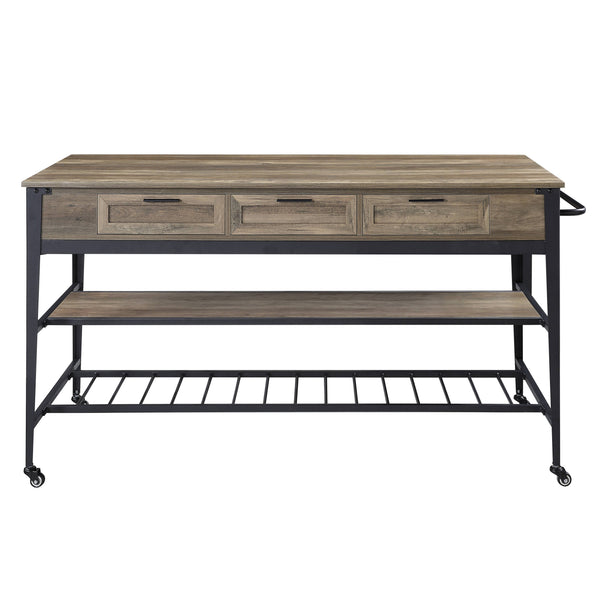English Elm Macaria Rustic Oak Kitchen Island with Black Metal Base, 3 Drawers, 2-Tier Shelves & Wheels B2726P292333