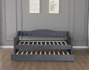 English Elm Twin Size Upholstered Daybed With Trundle & Usb Charging – Stylish Velvet Frame For Space-Saving Comfort W1670S00024-GIGA